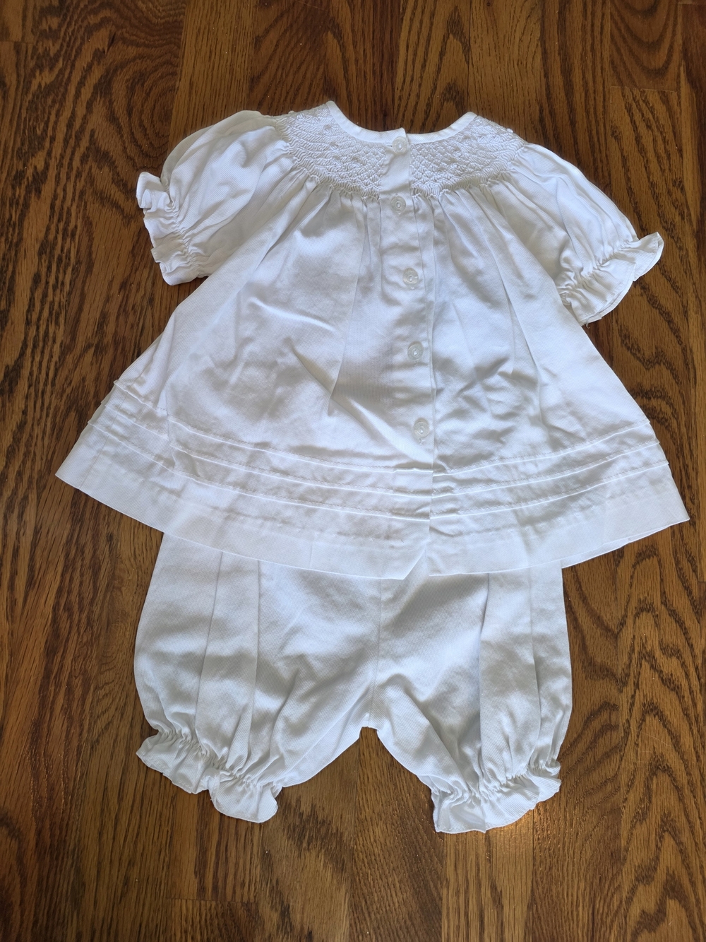 White Smocked Baby Dress with Bloomers - Picture 9 of 10